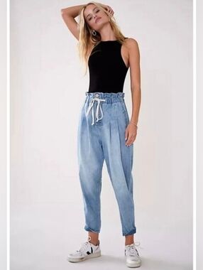 Free People Margate Pleated Denim Trouser Jeans Pants Cotton Hemp Festival XS